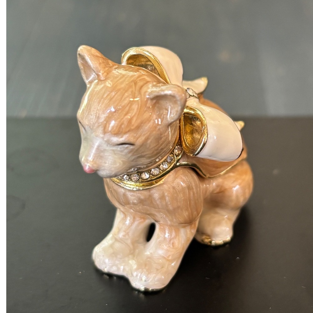 Enamel Ginger Cat Trinket Box Hinged Jewelry Holder with White Bow Rhinestone